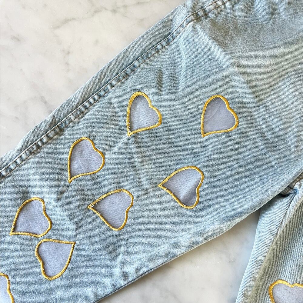 Vintage 90s Yellow Embroidered Heart Cut Out High Waisted Light Jeans 30 - 31" - Picture 5 of 12